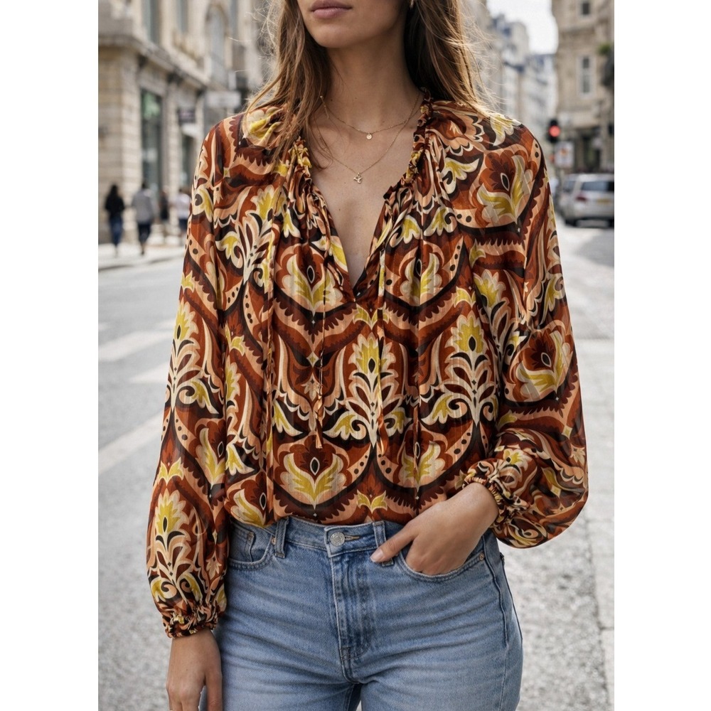 Boho Sheer Damask Tie Neck Blouse Rust Gold Metallic Pinstripe Balloon Sleeve